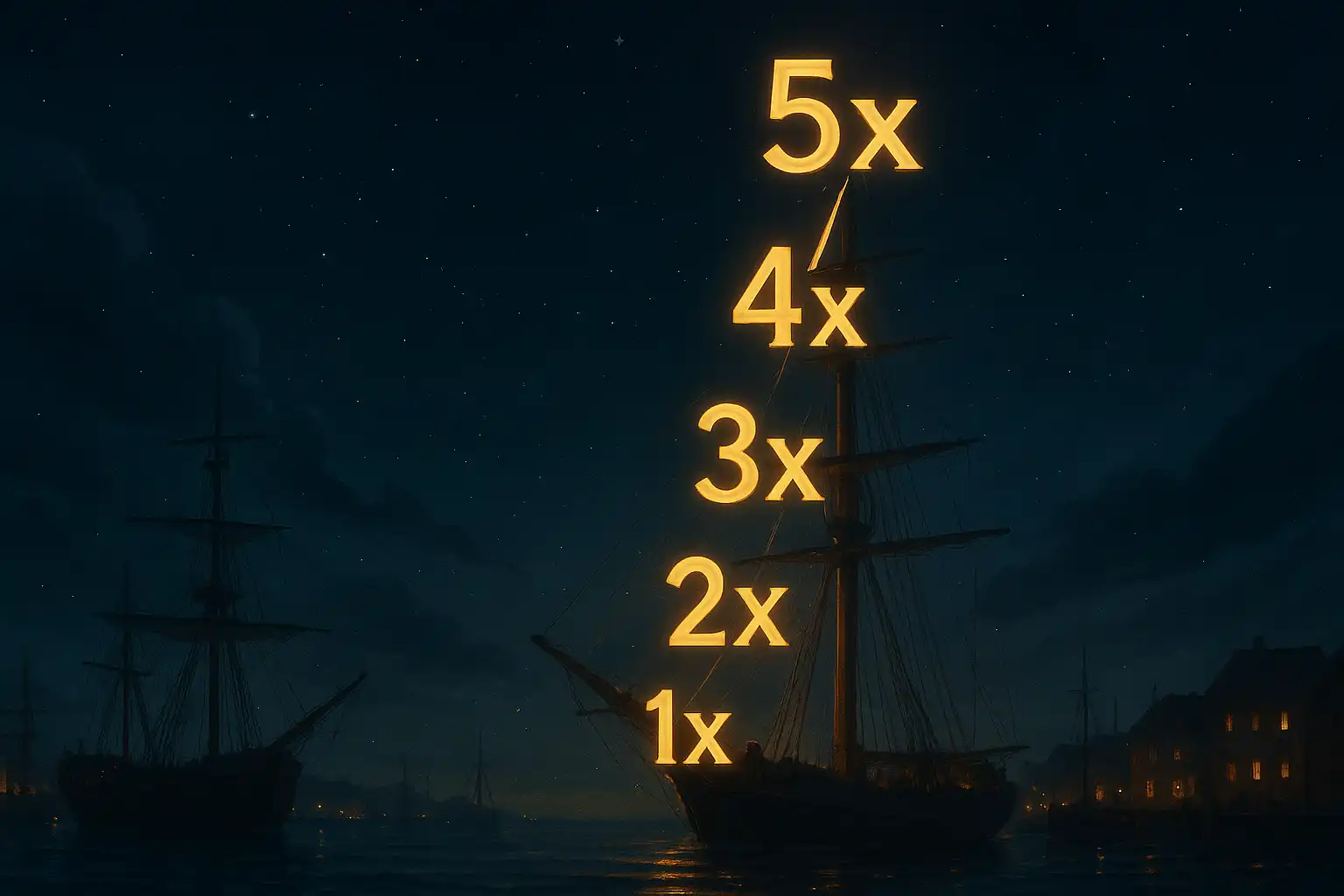 A ship's mast styled multiplier chart climbing like a rocket against a nautical harbor backdrop with brass compass details