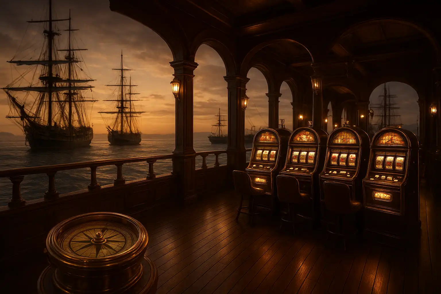 Grand explorer's harbor at dusk with a luxury casino deck, brass compasses and tall ships