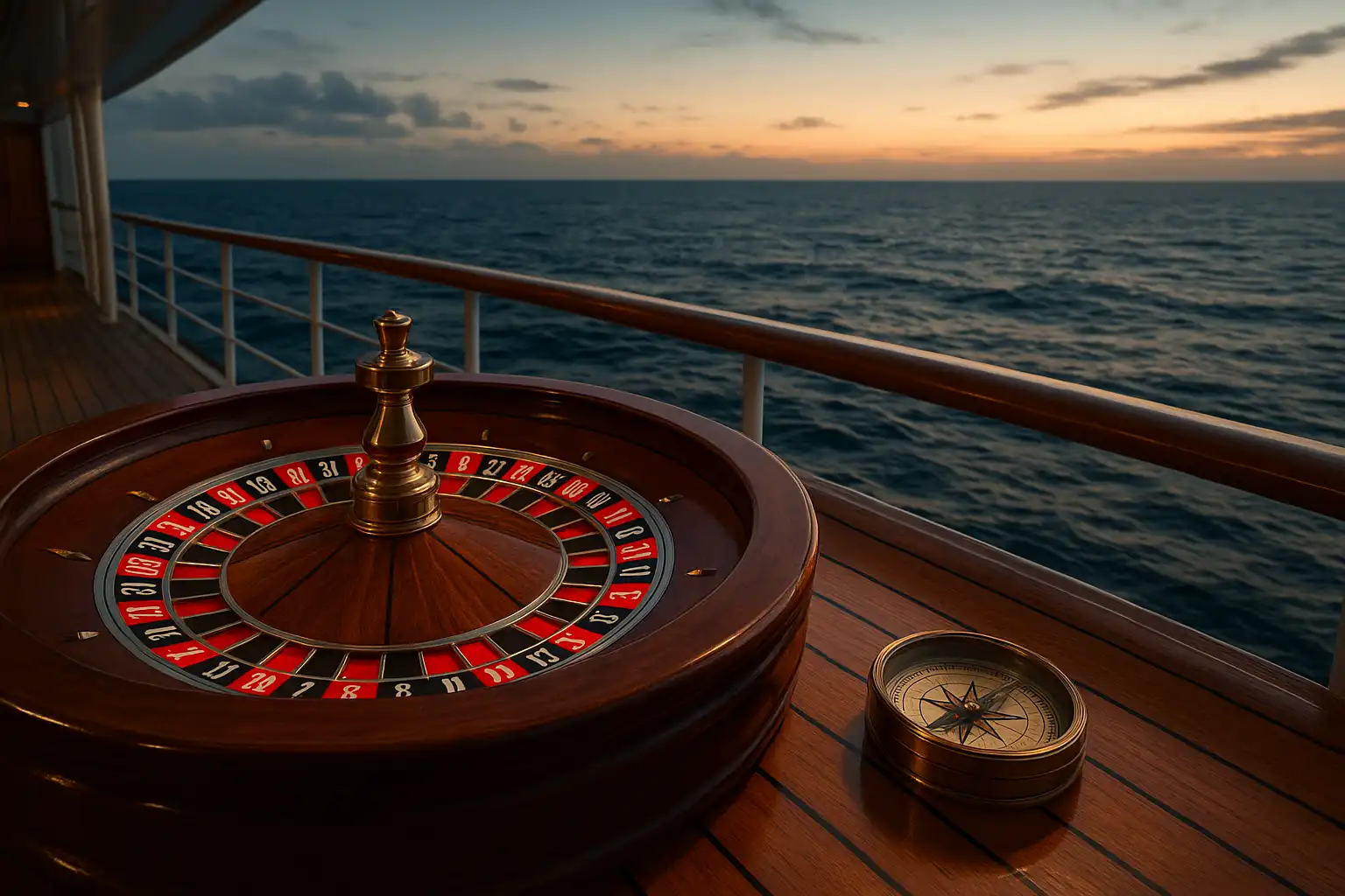 An elegant roulette wheel resting on a polished wood deck beside a brass compass, evoking the atmosphere of a grand explorer's harbor