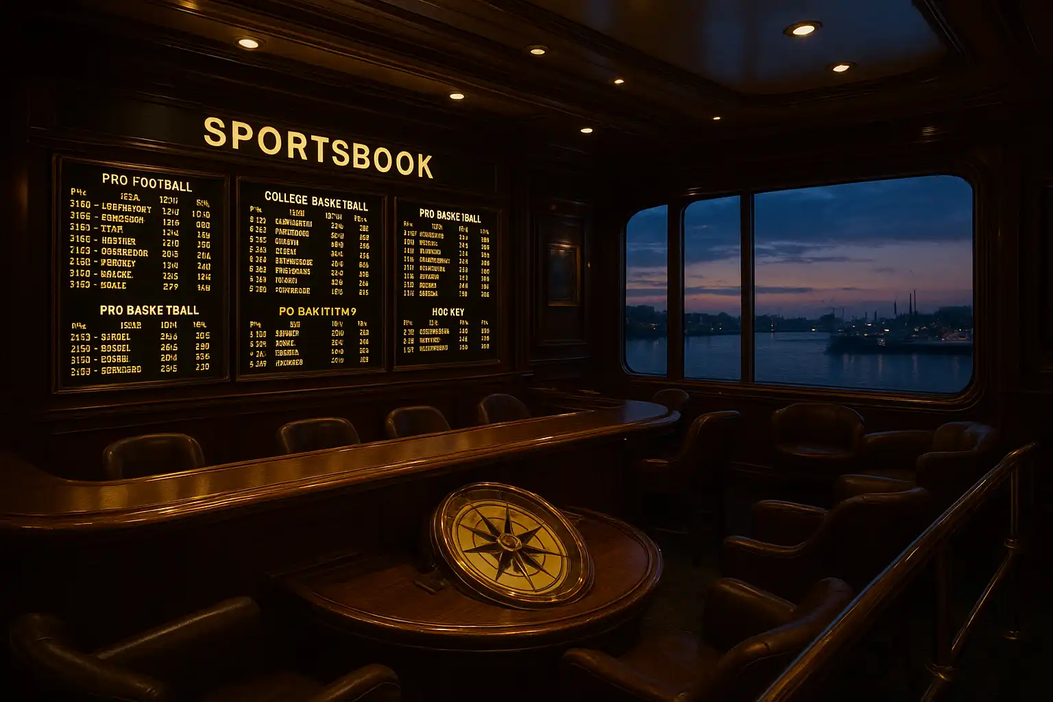 Brass-trimmed sportsbook betting terminal on a polished wooden ship deck, showing live odds boards beside a nautical compass and harbor view