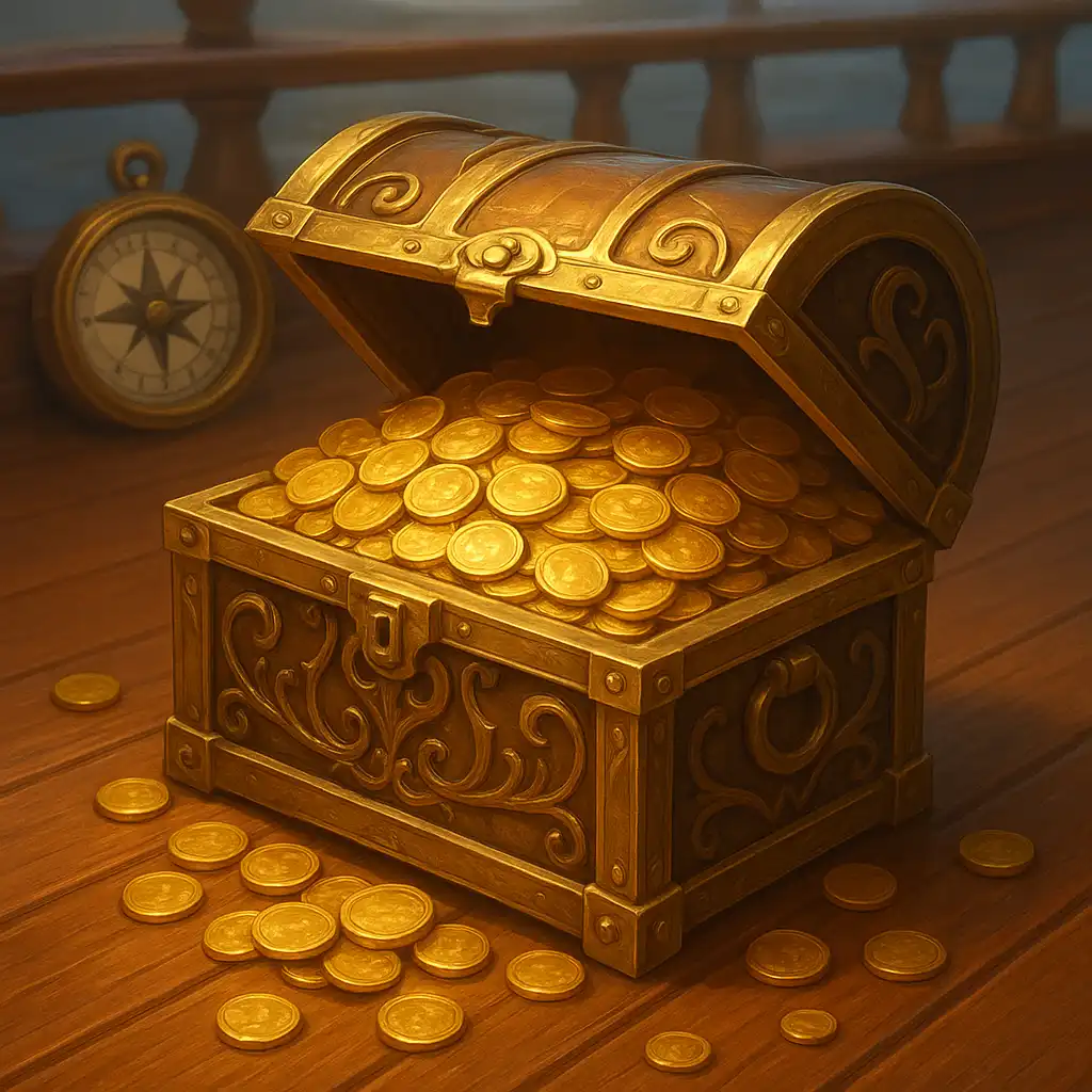 Brass chest filling with gold coins representing a casino deposit