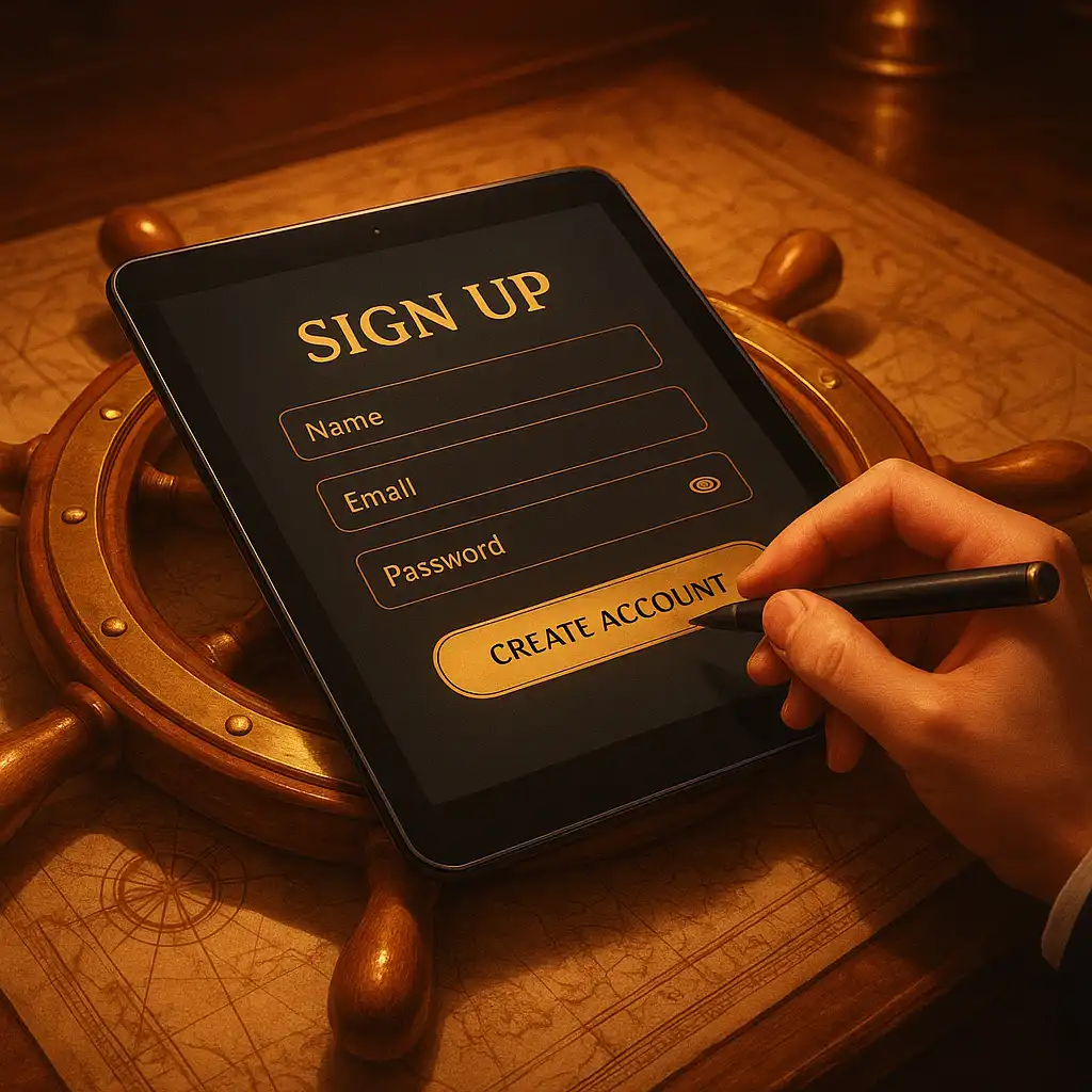 Hand signing up on a tablet at a ship's wheel deck