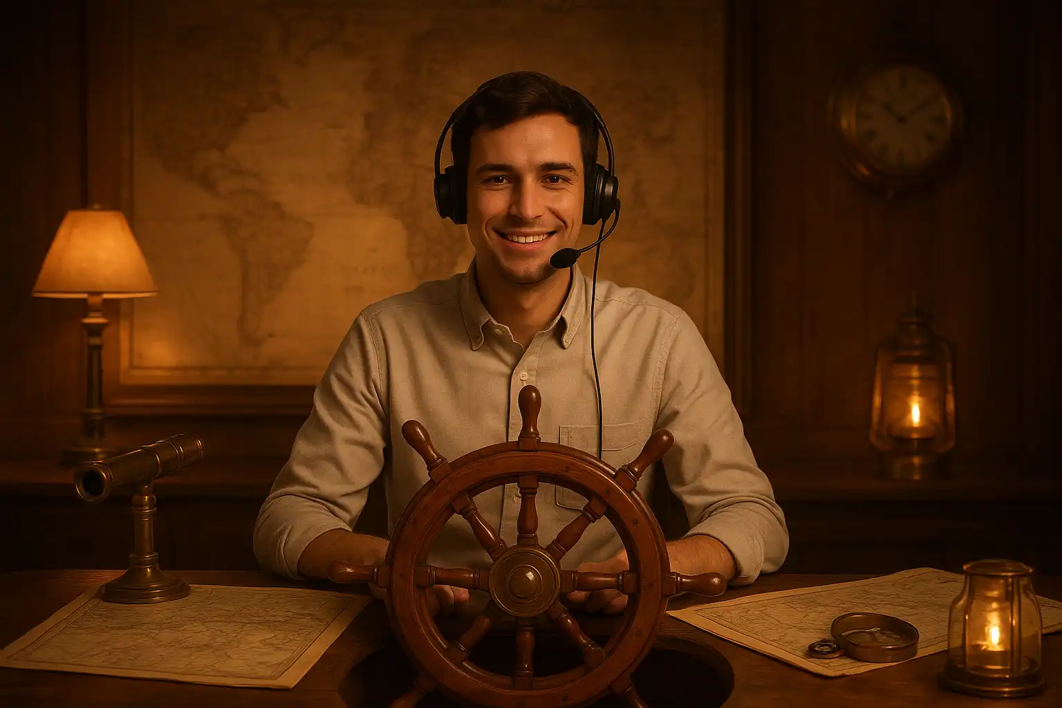Friendly support agent wearing a headset at a ship's-wheel styled help desk surrounded by nautical decor, brass instruments, and maritime maps